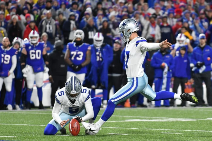 Dec 17, 2023; Orchard Park, New York, USA; Dallas Cowboys place kicker Brandon Aubrey (17) kicks a field goal in the first half against the Buffalo Bills at Highmark Stadium. Mandatory Credit: Mark Konezny-USA TODAY Sports